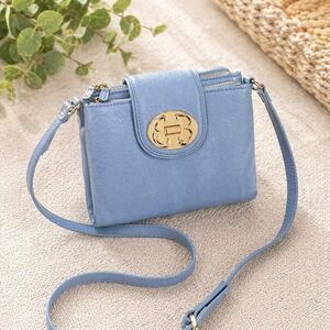 Emma Fox Blue Leather Wallet Crossbody Bag Gold Hardware Organizer Purse
